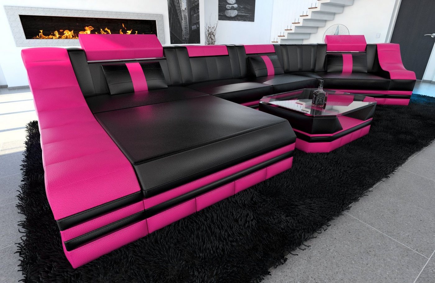 Sofa Dreams Wohnlandschaft Ledercouch Turino C Form Ledersofa Leder Sofa, Couch, mit LED, wahlweise mit Bettfunktion als Schlafsofa, Designersofa von Sofa Dreams