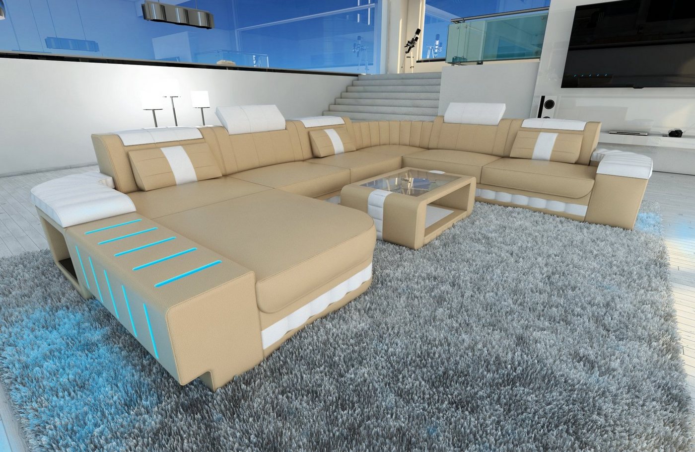 Sofa Dreams Wohnlandschaft Ledersofa Bellagio XXL U Form Ledercouch Sofa Leder, Couch, mit LED, wahlweise mit Bettfunktion als Schlafsofa, Designersofa von Sofa Dreams