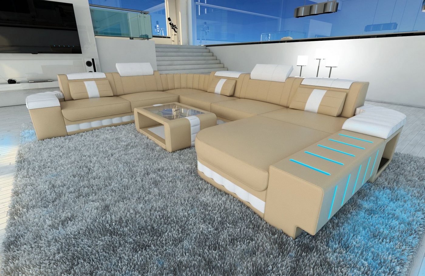 Sofa Dreams Wohnlandschaft Ledersofa Bellagio XXL U Form Ledercouch Sofa Leder, Couch, mit LED, wahlweise mit Bettfunktion als Schlafsofa, Designersofa von Sofa Dreams