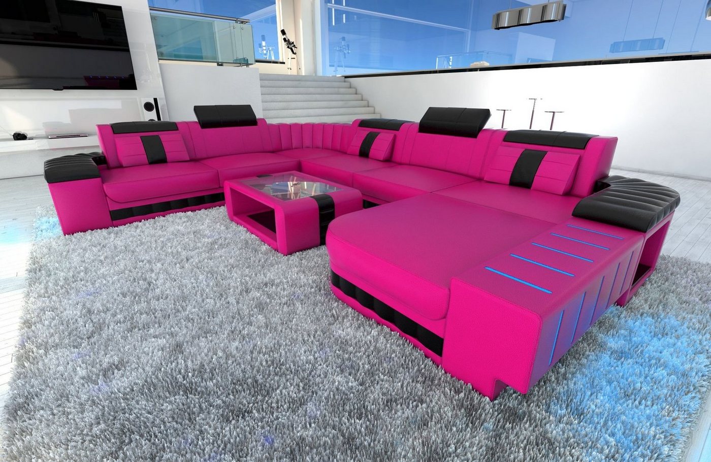 Sofa Dreams Wohnlandschaft Ledersofa Bellagio XXL U Form Ledercouch Sofa Leder, Couch, mit LED, wahlweise mit Bettfunktion als Schlafsofa, Designersofa von Sofa Dreams