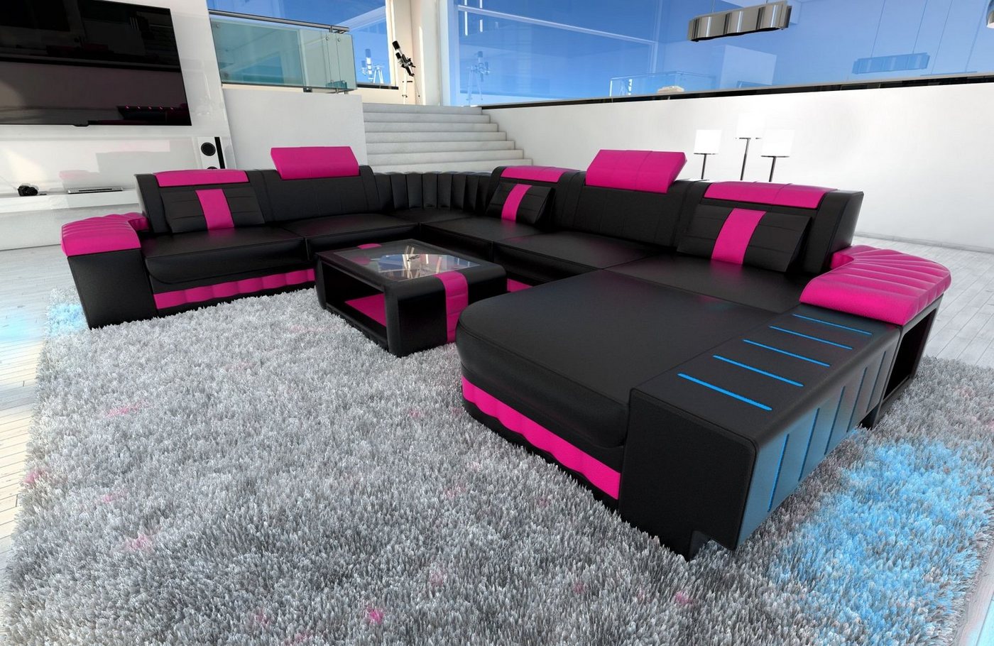 Sofa Dreams Wohnlandschaft Ledersofa Bellagio XXL U Form Ledercouch Sofa Leder, Couch, mit LED, wahlweise mit Bettfunktion als Schlafsofa, Designersofa von Sofa Dreams