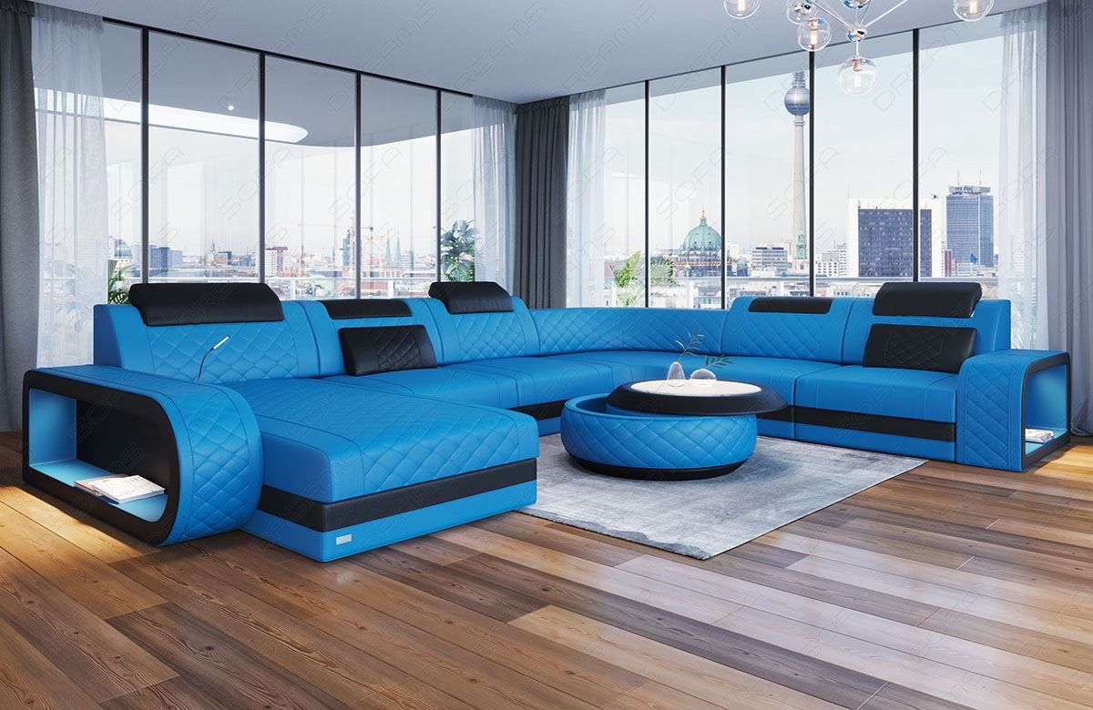 Sofa Dreams Wohnlandschaft Ledersofa Berlin XXL U Form Mini, Deignersofa, mit LED Licht und USB von Sofa Dreams