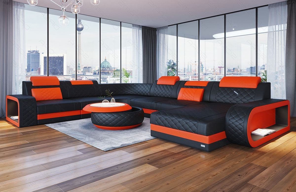 Sofa Dreams Wohnlandschaft Ledersofa Berlin XXL U Form Mini, Deignersofa, mit LED Licht und USB von Sofa Dreams