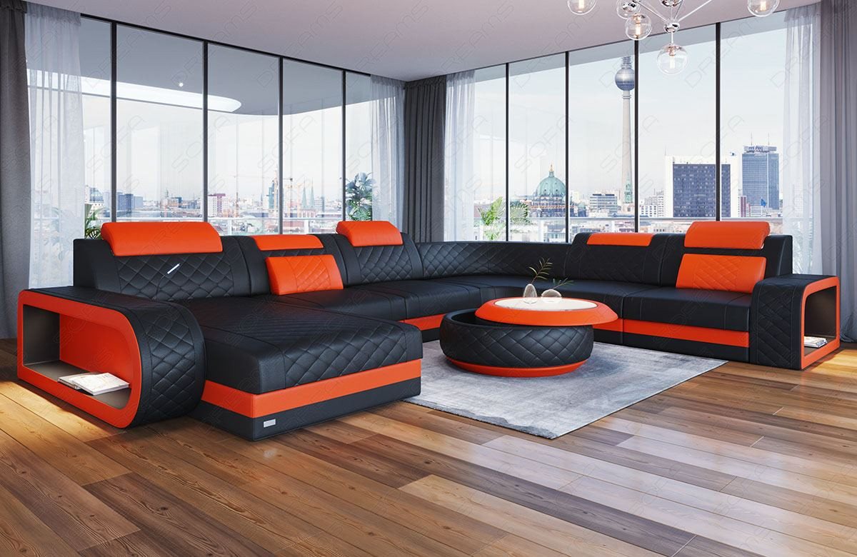 Sofa Dreams Wohnlandschaft Ledersofa Berlin XXL U Form Mini, Deignersofa, mit LED Licht und USB von Sofa Dreams