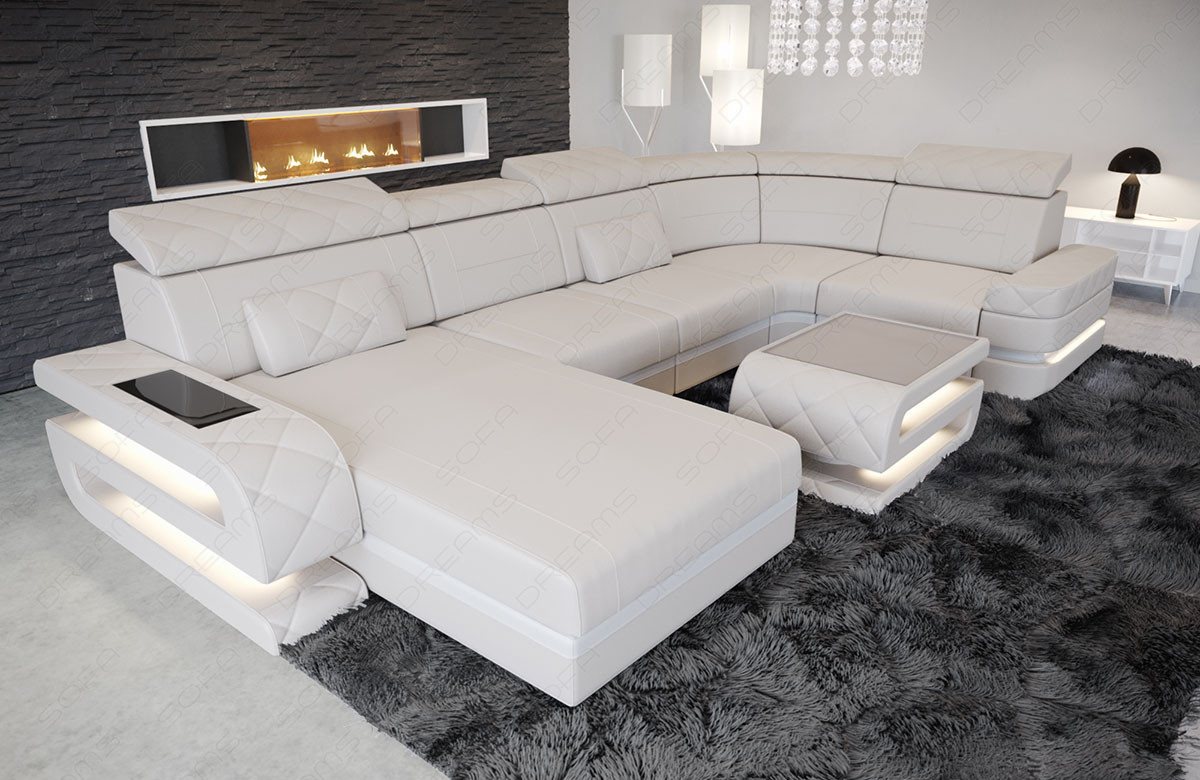 Sofa Dreams Wohnlandschaft Ledersofa Bologna U Form Mini, Designersofa, Sofa mit Licht und USB von Sofa Dreams