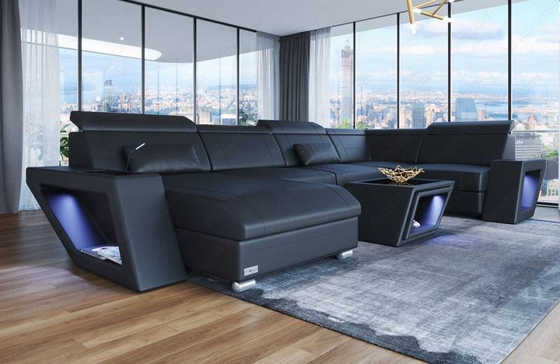 Sofa Dreams Wohnlandschaft Ledersofa Catania U Form Couch Leder Sofa, mit LED, wahlweise mit Bettfunktion als Schlafsofa, Designersofa von Sofa Dreams