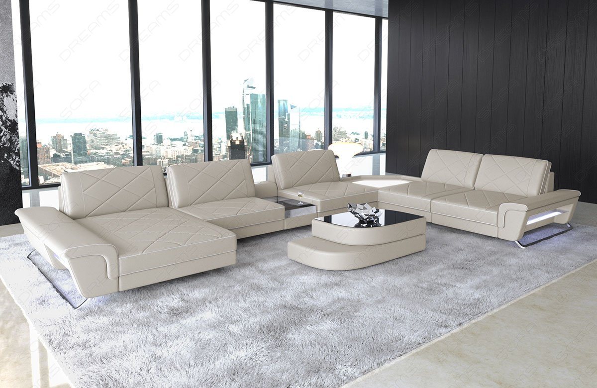 Sofa Dreams Wohnlandschaft Ledersofa Couch Ferrara XXL Leder Sofa mit, USB, LED, Multifunktionskonsole von Sofa Dreams