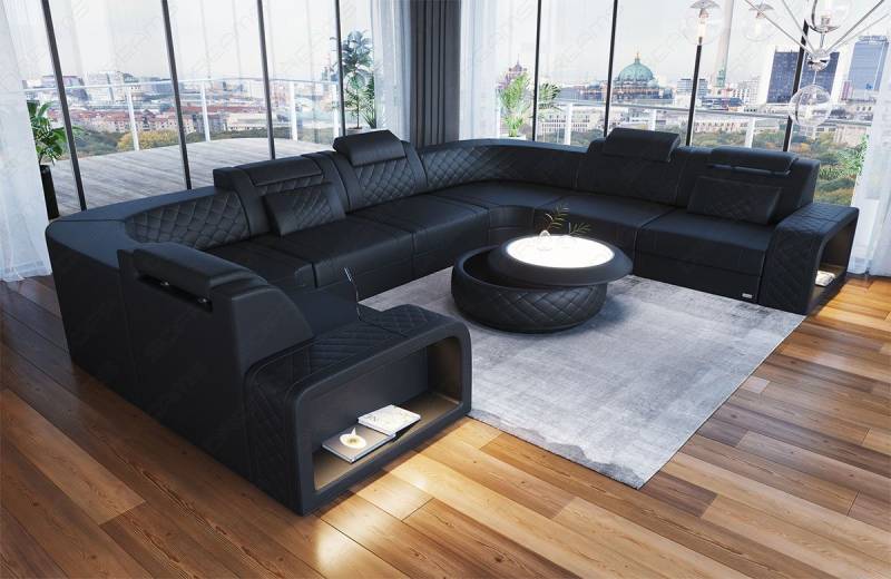 Sofa Dreams Wohnlandschaft Foggia U Form Leder, LED-Beleuchtung, Couch, 6-Sitzer, Kopfstützen, USB-Anschluss von Sofa Dreams