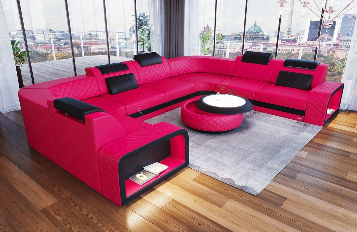 Sofa Dreams Wohnlandschaft Ledersofa Couch Foggia U Form Leder Sofa, mit LED, verstellbare Kopstützen, Designersofa von Sofa Dreams