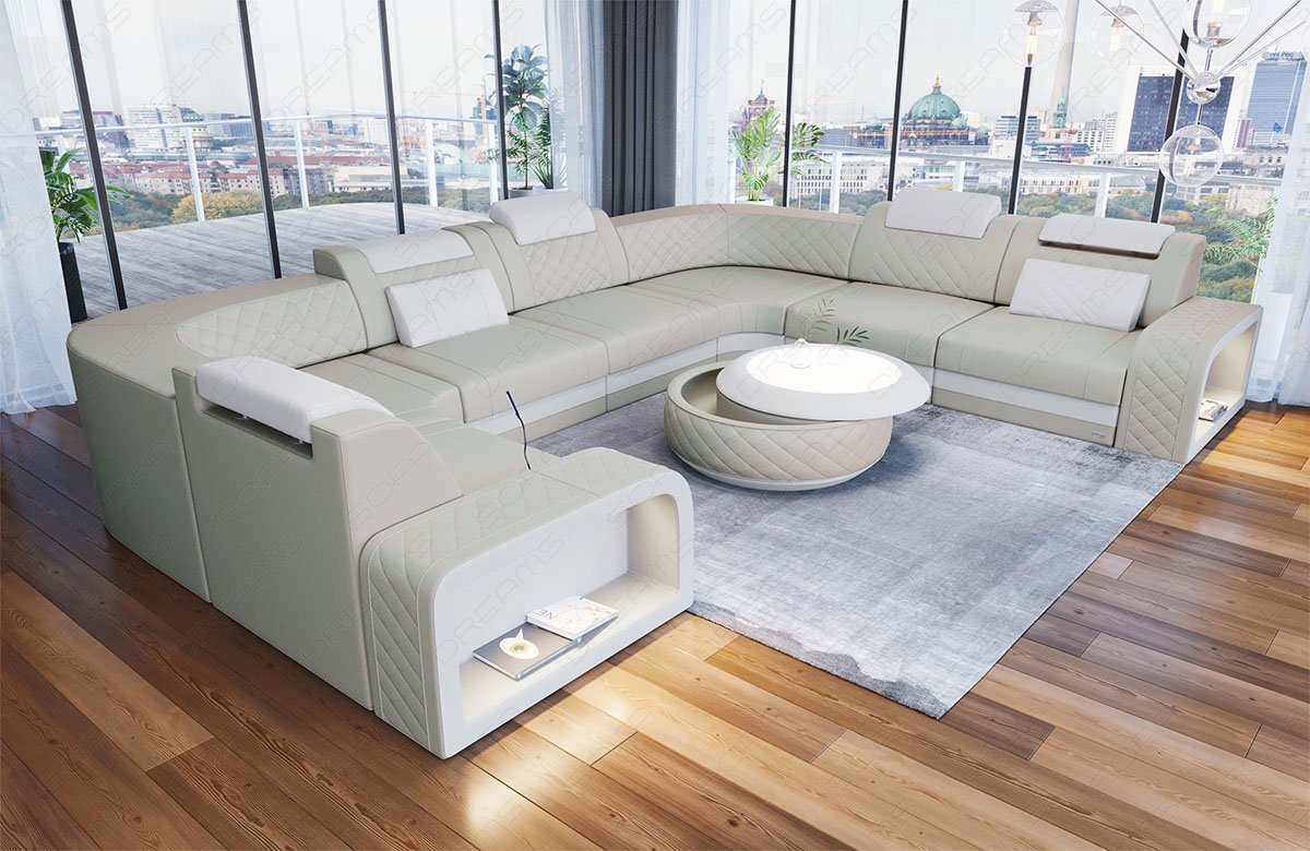 Sofa Dreams Wohnlandschaft Ledersofa Couch Foggia U Form Leder Sofa, mit LED, verstellbare Kopstützen, Designersofa von Sofa Dreams