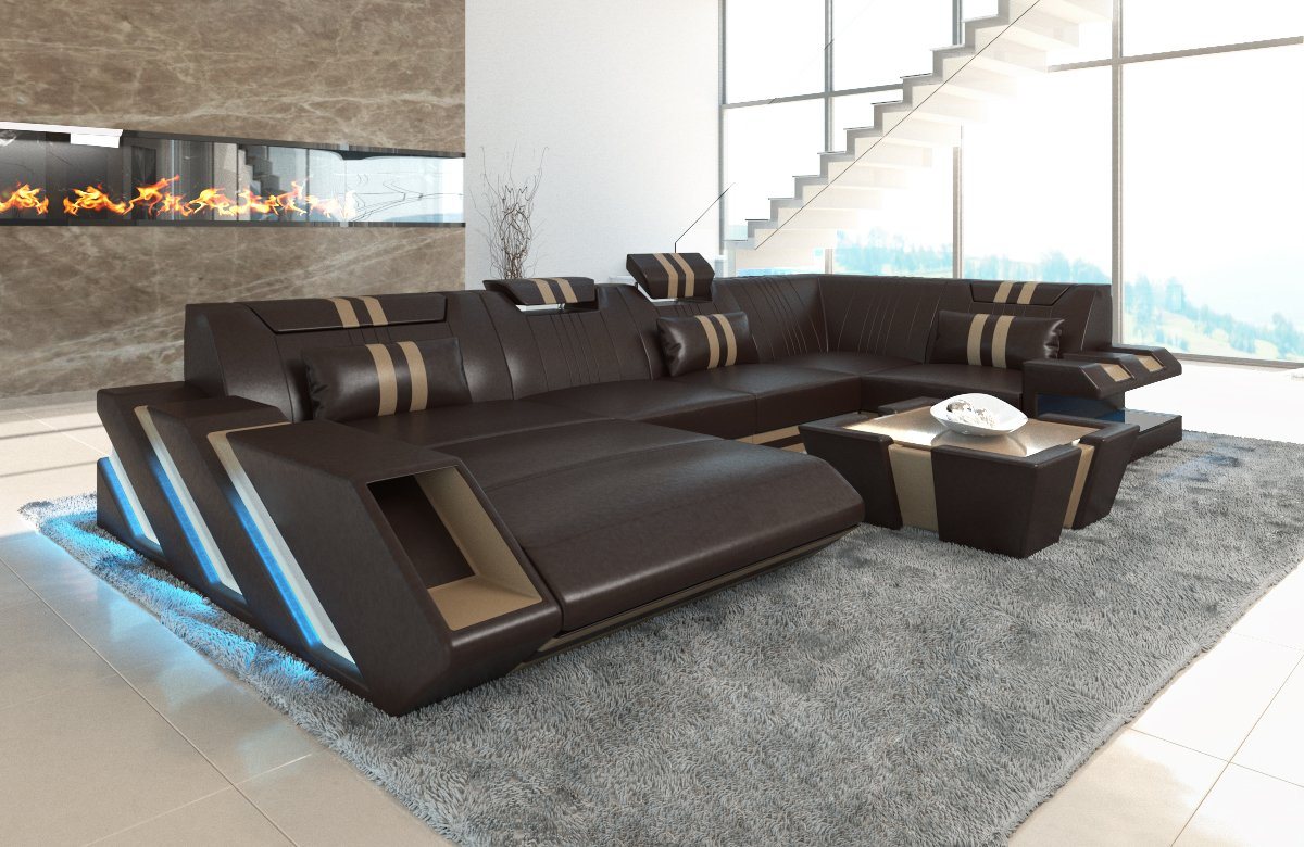 Sofa Dreams Wohnlandschaft Ledersofa Ledercouch Apollonia U Form Leder Sofa, Couch, mit LED, wahlweise mit Bettfunktion als Schlafsofa, Designersofa von Sofa Dreams