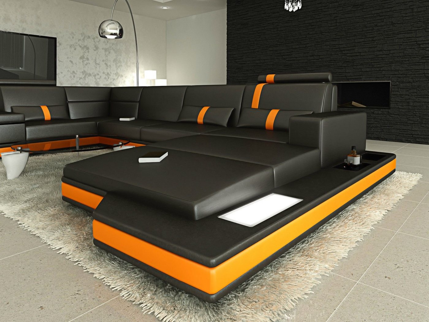 Sofa Dreams Wohnlandschaft Ledersofa Ledercouch Messana U Form Leder Sofa, Couch, mit LED, wahlweise mit Bettfunktion als Schlafsofa, Designersofa von Sofa Dreams