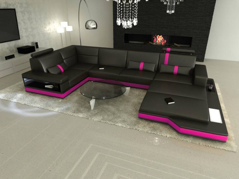 Sofa Dreams Wohnlandschaft Ledersofa Ledercouch Messana U Form Leder Sofa, Couch, mit LED, wahlweise mit Bettfunktion als Schlafsofa, Designersofa von Sofa Dreams