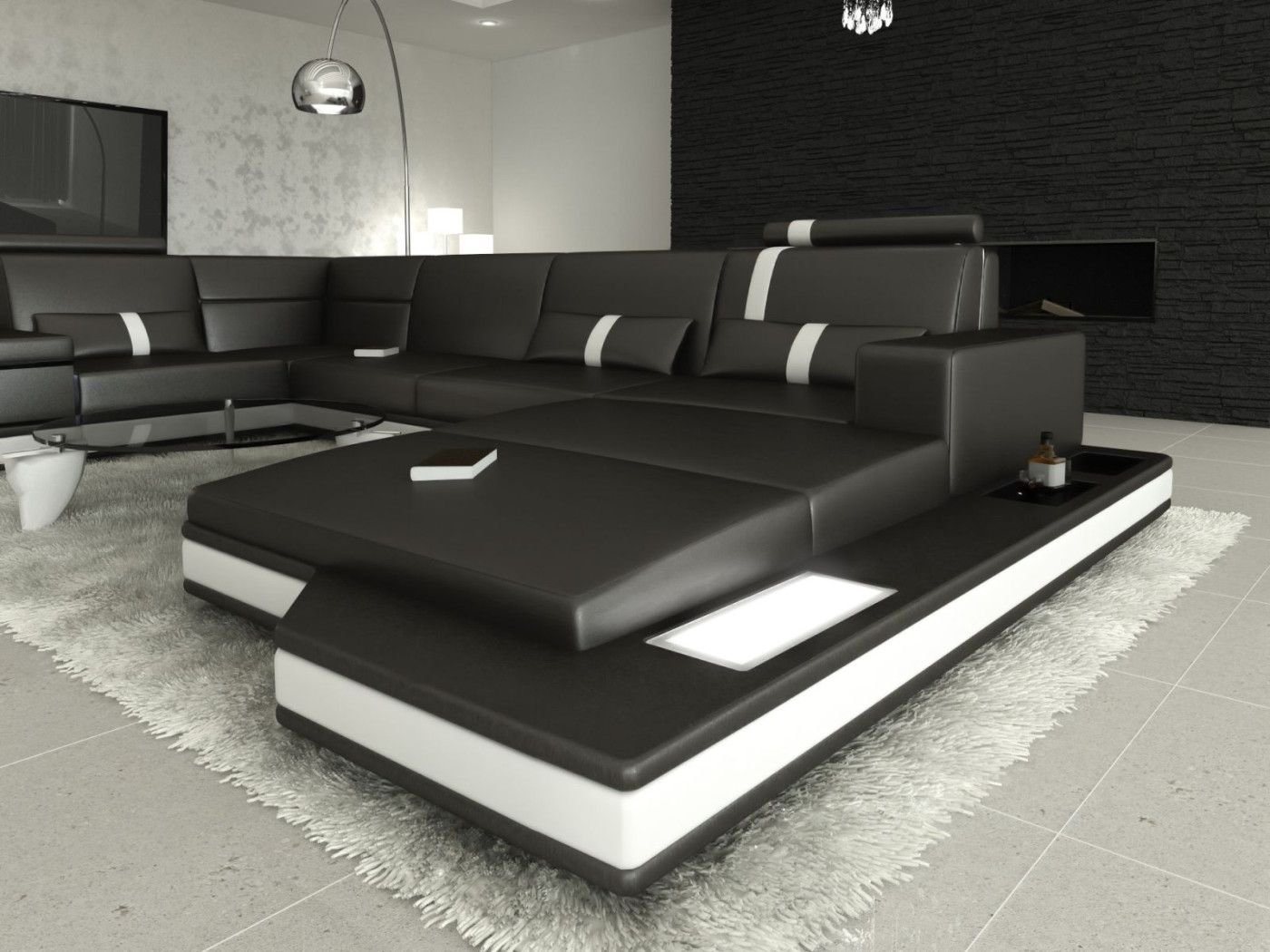 Sofa Dreams Wohnlandschaft Ledersofa Ledercouch Messana U Form Leder Sofa, Couch, mit LED, wahlweise mit Bettfunktion als Schlafsofa, Designersofa von Sofa Dreams