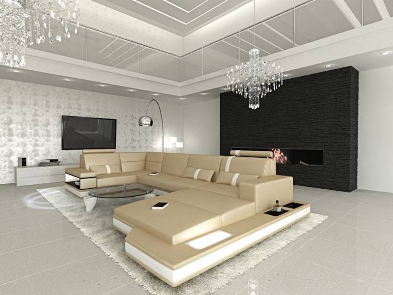 Sofa Dreams Wohnlandschaft Ledersofa Ledercouch Messana U Form Leder Sofa, Couch, mit LED, wahlweise mit Bettfunktion als Schlafsofa, Designersofa von Sofa Dreams
