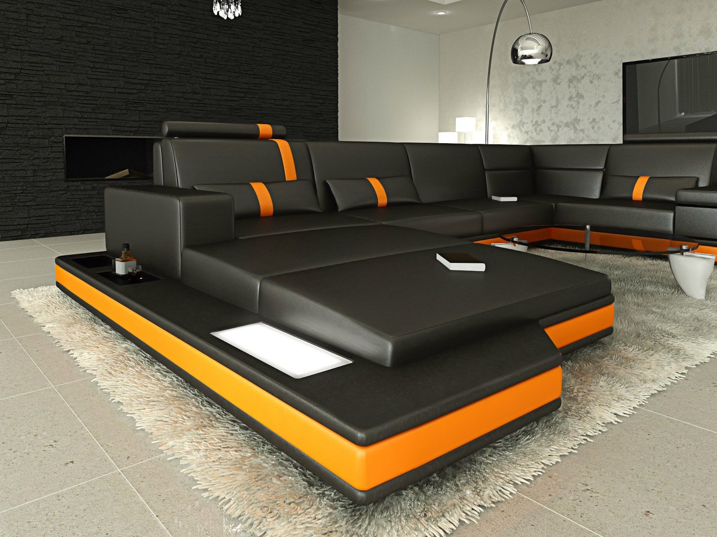 Sofa Dreams Wohnlandschaft Ledersofa Ledercouch Messana U Form Leder Sofa, Couch, mit LED, wahlweise mit Bettfunktion als Schlafsofa, Designersofa von Sofa Dreams