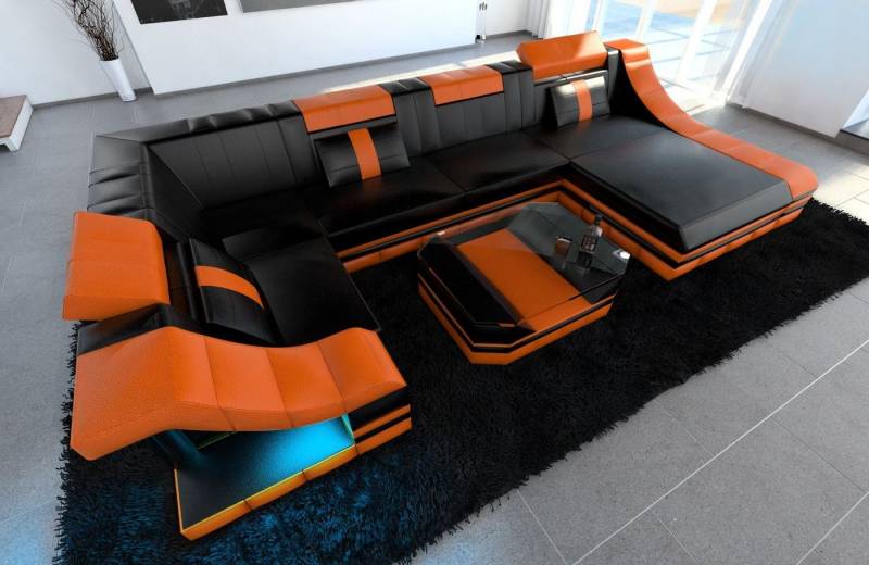 Sofa Dreams Wohnlandschaft Ledersofa Ledercouch Turino U Form Leder Sofa, Couch, Ottomane, USB, LED-Beleuchtung, Optionaler Schlaffunktion von Sofa Dreams
