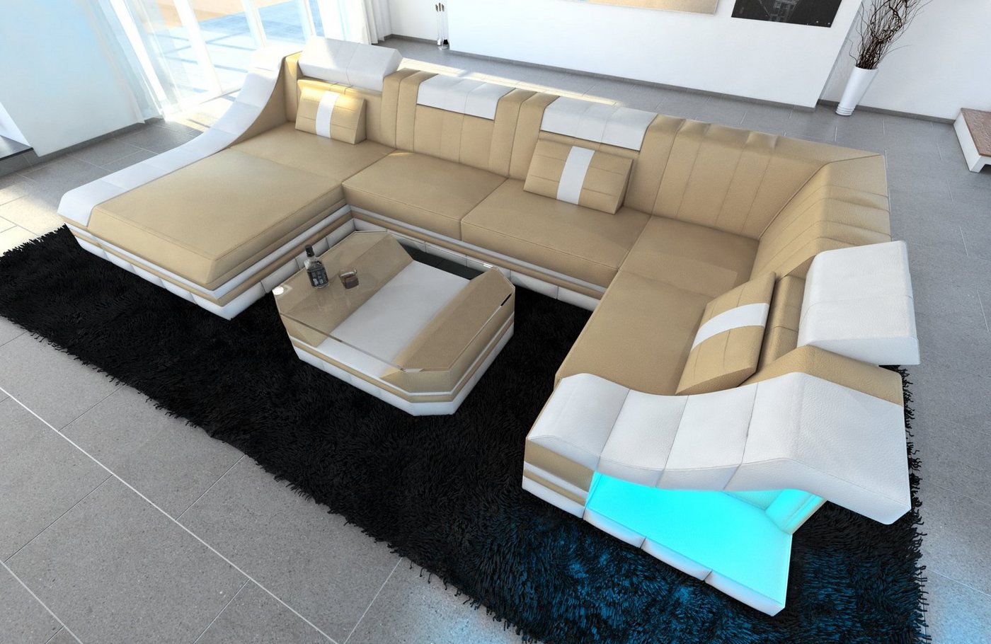 Sofa Dreams Wohnlandschaft Ledersofa Ledercouch Turino U Form Leder Sofa, Couch, mit LED, wahlweise mit Bettfunktion als Schlafsofa, Designersofa von Sofa Dreams