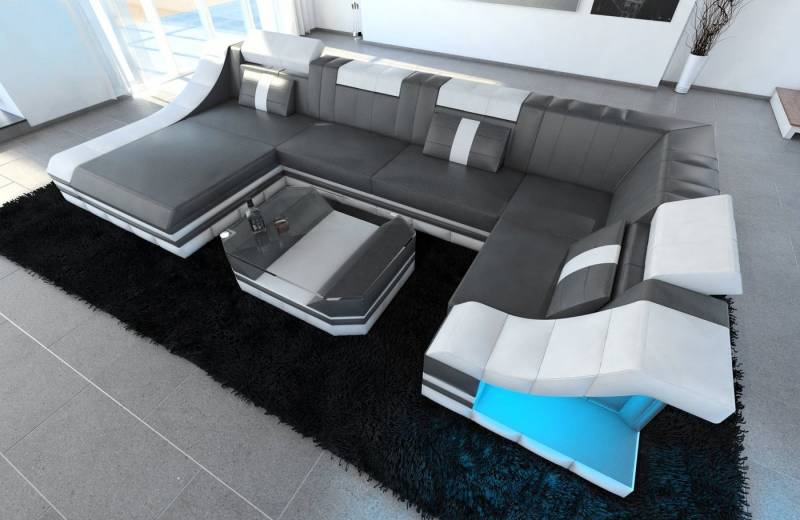 Sofa Dreams Wohnlandschaft Ledersofa Ledercouch Turino U Form Leder Sofa, Couch, Ottomane, USB, LED-Beleuchtung, Optionaler Schlaffunktion von Sofa Dreams
