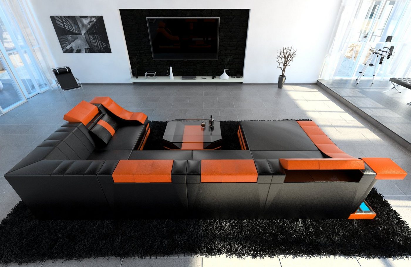 Sofa Dreams Wohnlandschaft Ledersofa Ledercouch Turino U Form Leder Sofa, Couch, Ottomane, USB, LED-Beleuchtung, Optionaler Schlaffunktion von Sofa Dreams