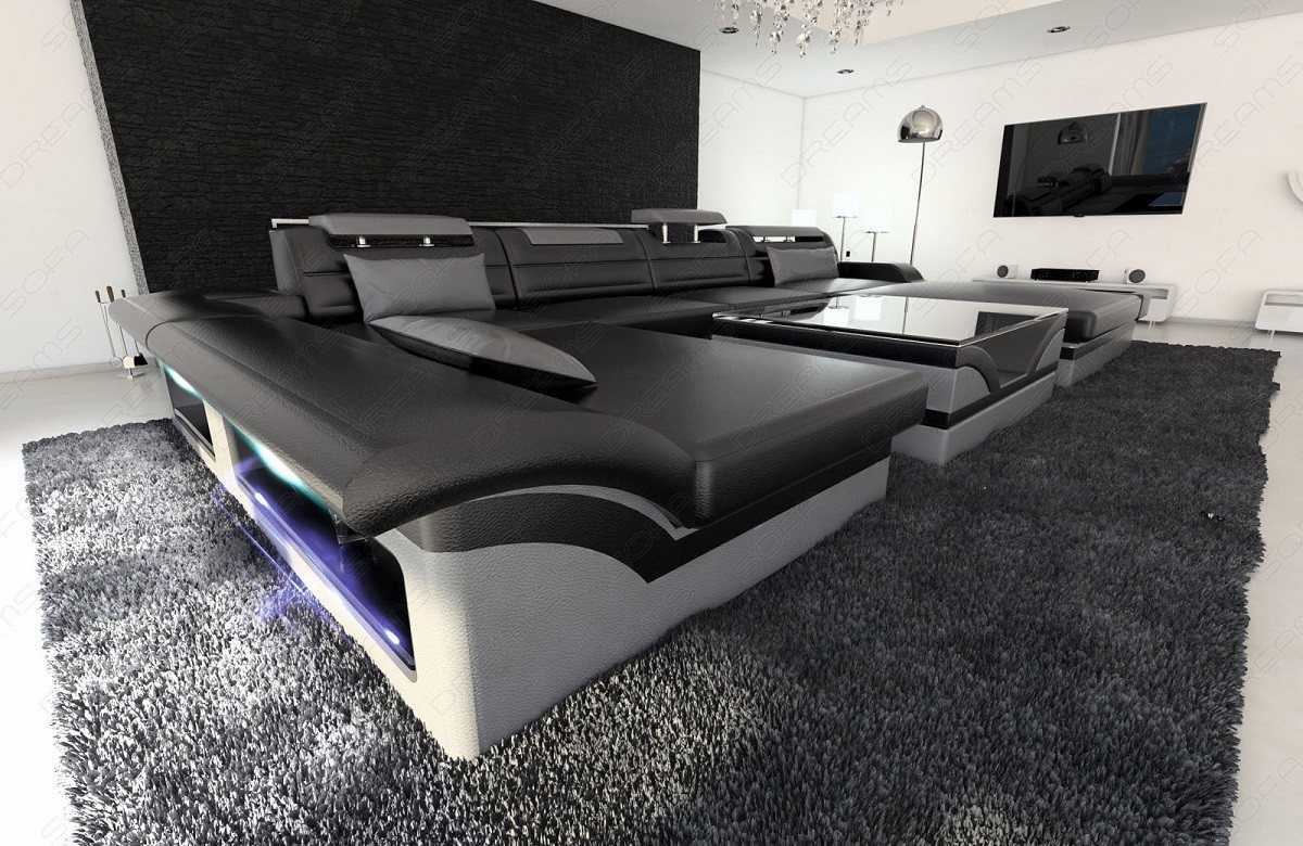 Sofa Dreams Wohnlandschaft Ledersofa Monza U Form Mini, Designersofa, Sofa mit LED Licht und USB von Sofa Dreams