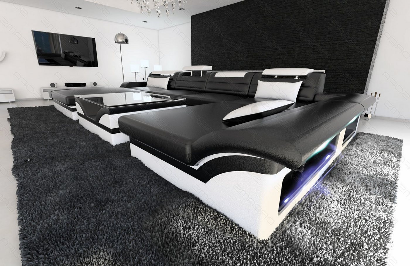 Sofa Dreams Wohnlandschaft Ledersofa Monza U Form Mini, Designersofa, Sofa mit LED Licht und USB von Sofa Dreams