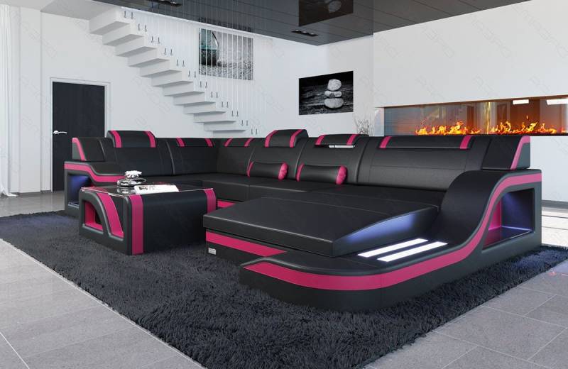 Sofa Dreams Wohnlandschaft Ledersofa Palermo U Form Mini, Designersofa Couch, mit LED Licht und USB Anschluss von Sofa Dreams