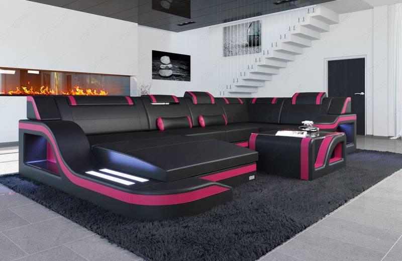 Sofa Dreams Wohnlandschaft Ledersofa Palermo U Form Mini, Designersofa Couch, mit LED Licht und USB Anschluss von Sofa Dreams