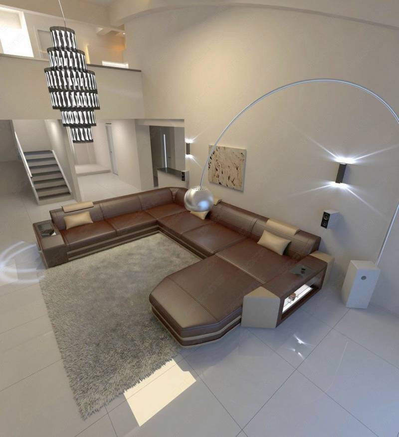 Sofa Dreams Wohnlandschaft Prato XXL Mini Leder, Designersofa, Ottomane, LED, verstellbare Kopfstützen, USB, 6-Sitzer, Designcouch von Sofa Dreams