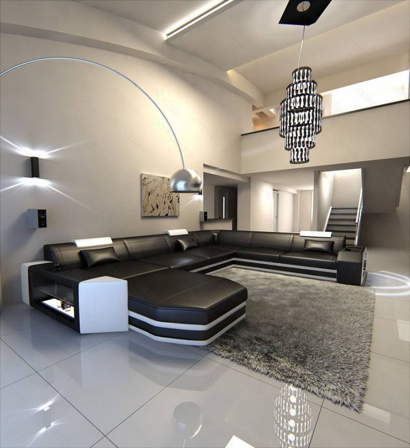 Sofa Dreams Wohnlandschaft Prato XXL Mini Leder, Designersofa, Ottomane, LED, verstellbare Kopfstützen, USB, 6-Sitzer, Designcouch von Sofa Dreams