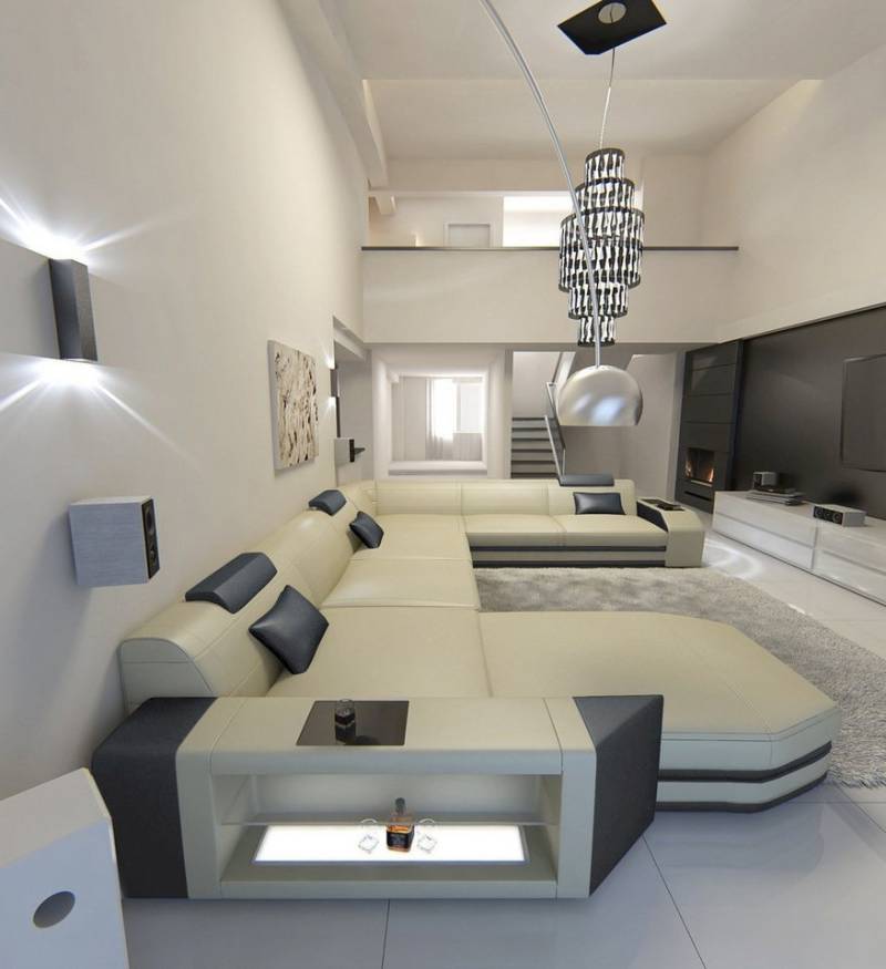 Sofa Dreams Wohnlandschaft Prato XXL Mini Leder, Designersofa, Ottomane, LED, verstellbare Kopfstützen, USB, 6-Sitzer, Designcouch von Sofa Dreams