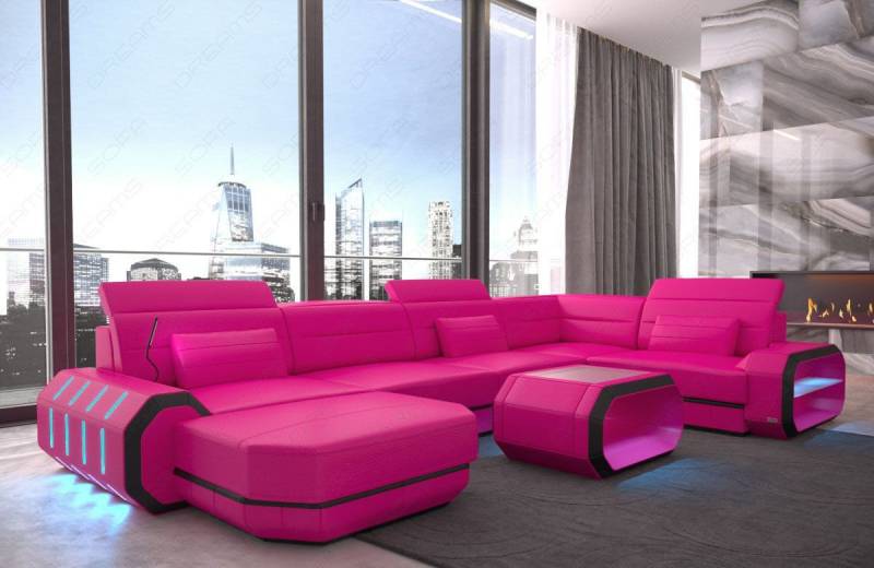 Sofa Dreams Wohnlandschaft Roma U Form Mini Leder, Designersofa, Ledercouch, USB-Anschluss, Ottomane, LED-Beleuchtung, Kopfstützen von Sofa Dreams