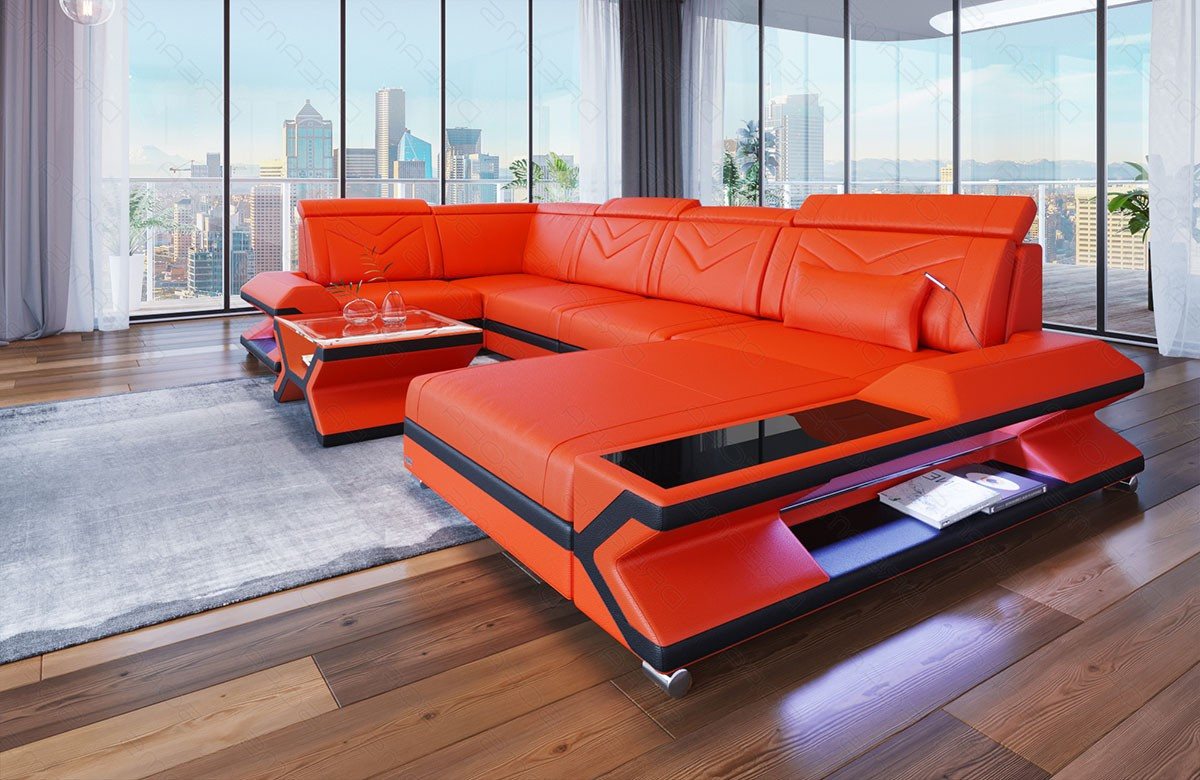 Sofa Dreams Wohnlandschaft Napoli U Form Mini Leder, Designersofa, 6-Sitzer, Ottomane, Leder, LED-Beleuchtung, viele Farben, Kopfstützen von Sofa Dreams