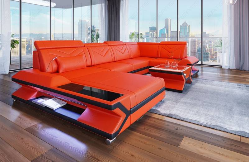 Sofa Dreams Wohnlandschaft Napoli U Form Mini Leder, Designersofa, 6-Sitzer, Ottomane, Leder, LED-Beleuchtung, viele Farben, Kopfstützen von Sofa Dreams