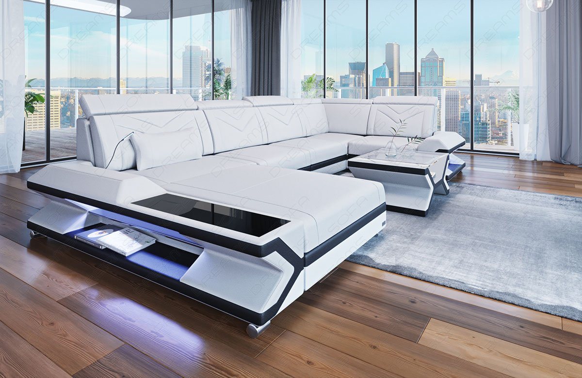 Sofa Dreams Wohnlandschaft Napoli U Form Mini Leder, Designersofa, 6-Sitzer, Ottomane, Leder, LED-Beleuchtung, viele Farben, Kopfstützen von Sofa Dreams