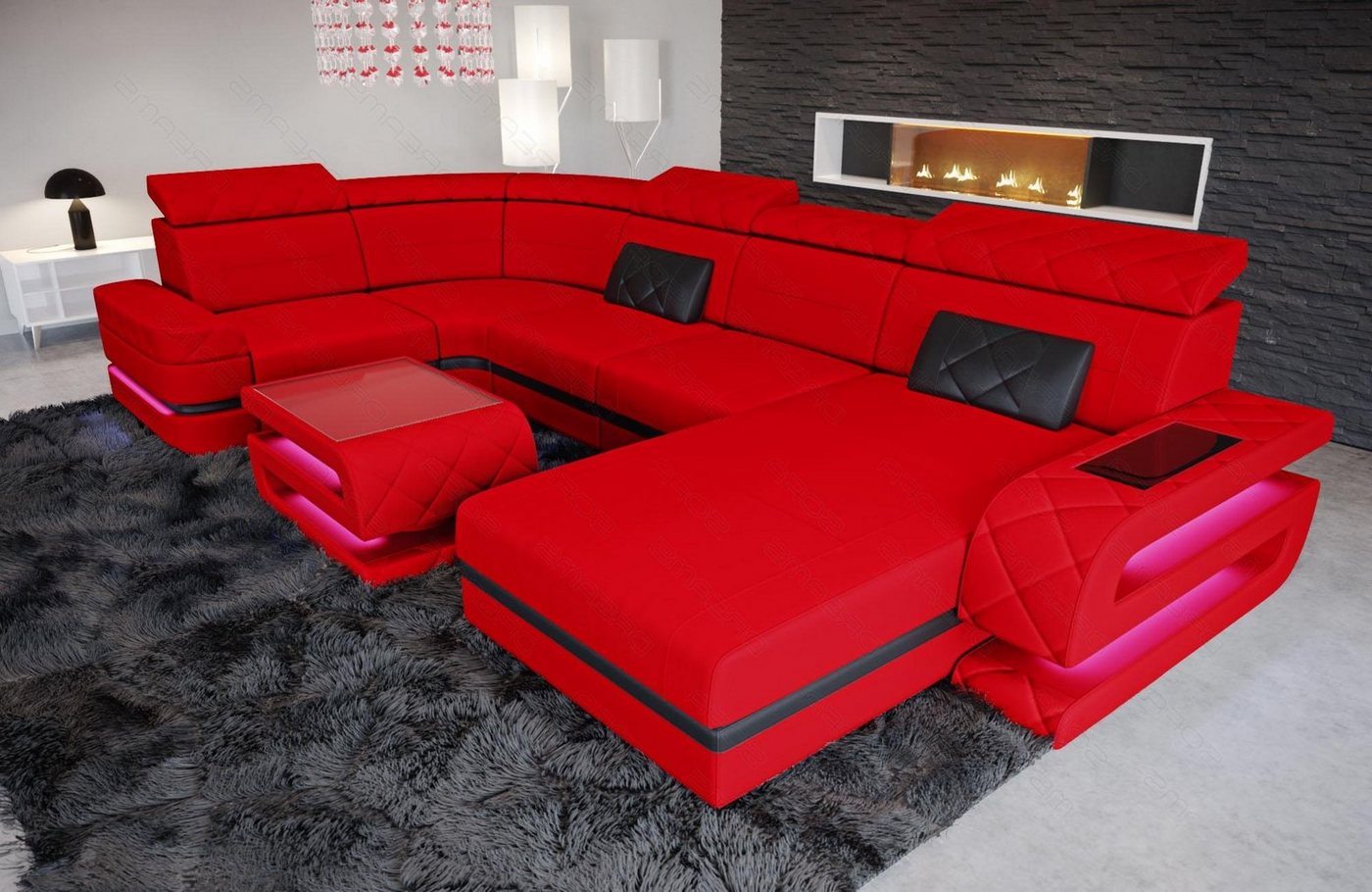 Sofa Dreams Wohnlandschaft Polster Sofa Couch Stoff Bologna U Form Stoffsofa, Mikrofaser, mit LED, ausziehbare Bettfunktion, USB-Anschluss, Designersofa von Sofa Dreams