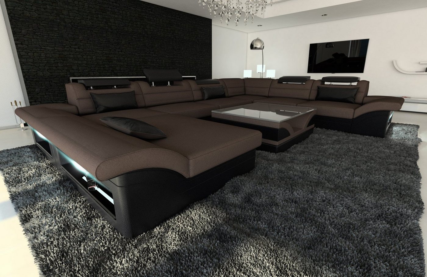 Sofa Dreams Wohnlandschaft Polster Stoffsofa Couch Enzo XXL U Form Stoff Sofa Polstercouch, mit LED, wahlweise mit Bettfunktion als Schlafsofa, Designersofa von Sofa Dreams