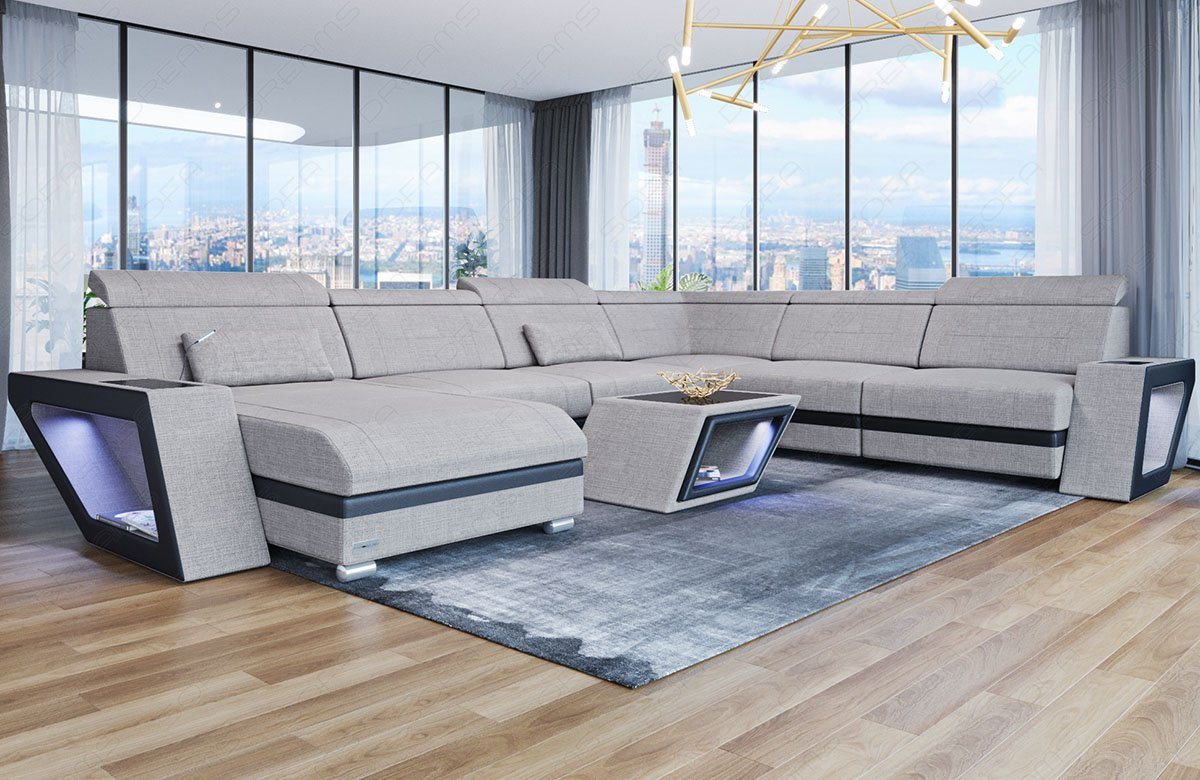 Sofa Dreams Wohnlandschaft Polstersofa Stoff Couch Catania XXL U Form Stoffsofa, mit LED, wahlweise mit Bettfunktion als Schlafsofa, Designersofa von Sofa Dreams