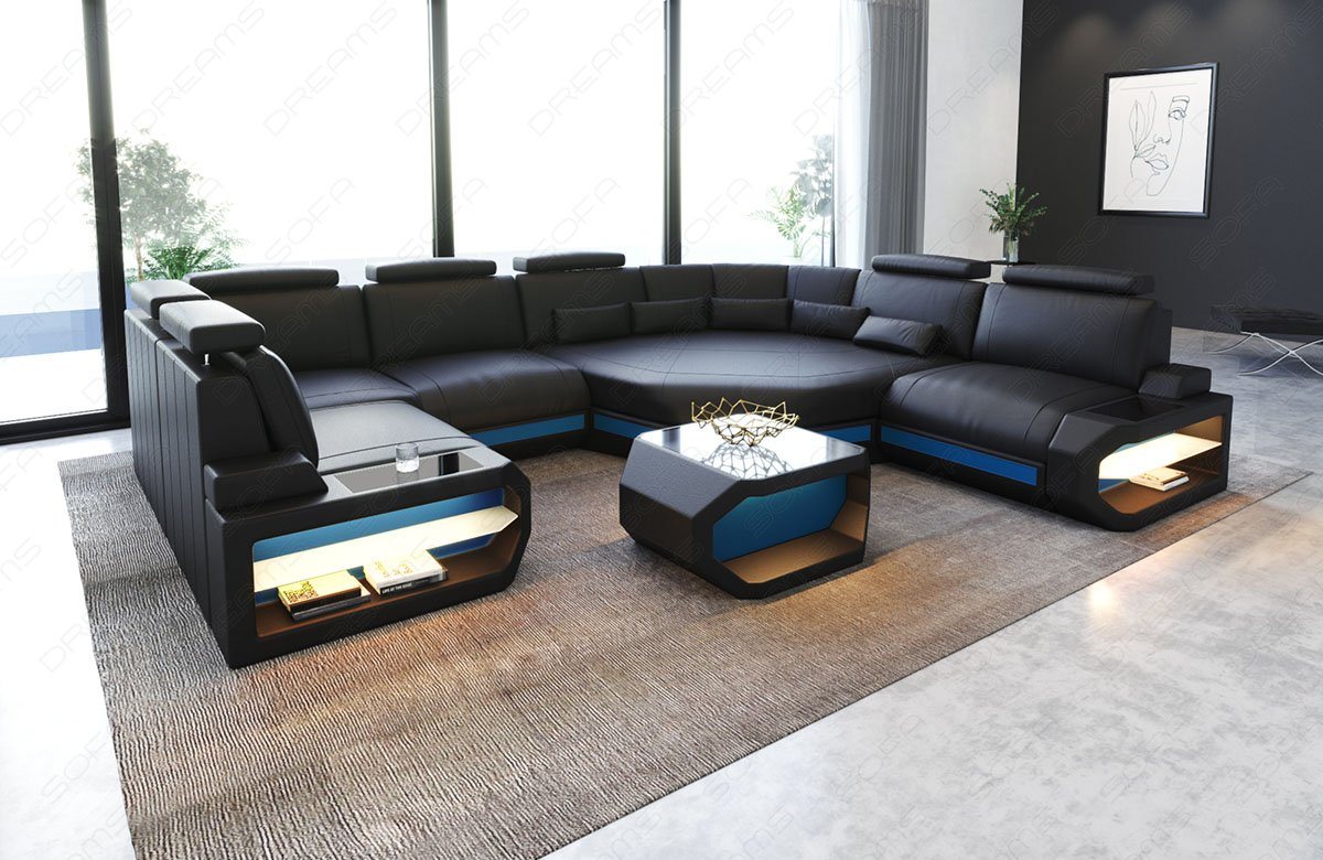 Sofa Dreams Wohnlandschaft Sofa Leder Asti U Mini, Couch, kleines U Form Ledersofa mit LED, Designersofa von Sofa Dreams