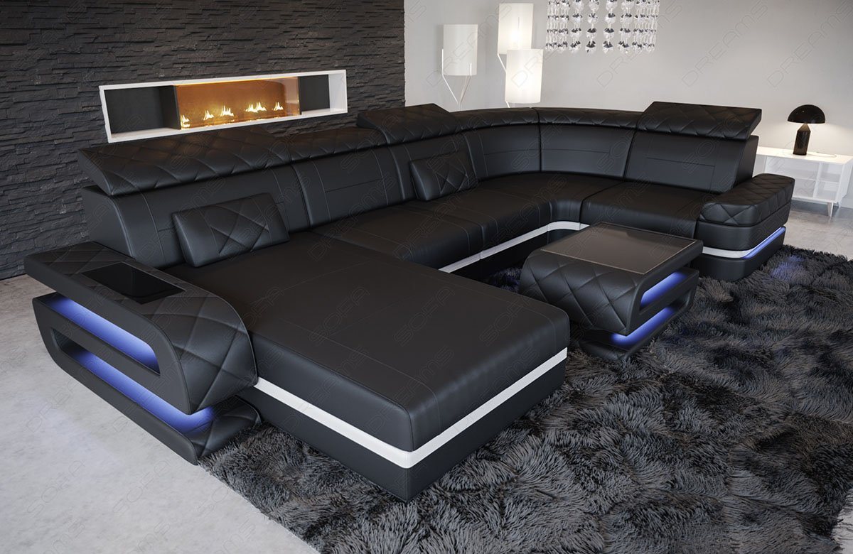 Sofa Dreams Wohnlandschaft Sofa Leder Bologna U Form Ledersofa, Couch, mit LED, wahlweise mit Bettfunktion als Schlafsofa, Designersofa von Sofa Dreams