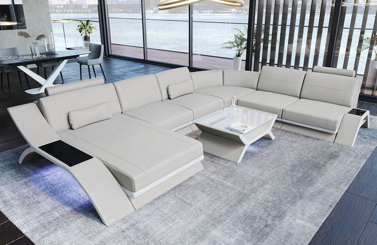 Sofa Dreams Wohnlandschaft Sofa Leder Calabria XXL U Form Ledersofa, Couch, mit LED Beleuchtung, USB Anschluss und Multifunktions-Console von Sofa Dreams