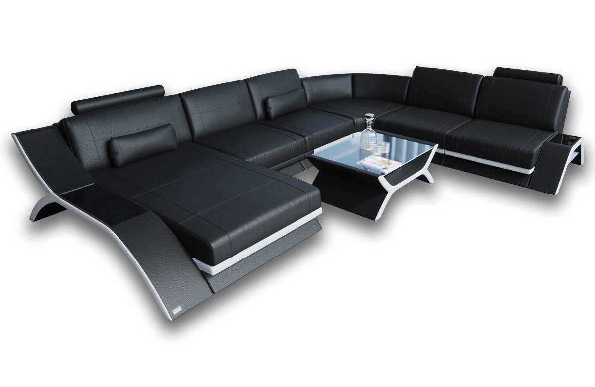 Sofa Dreams Wohnlandschaft Sofa Leder Calabria XXL U Form Ledersofa, Couch, mit LED Beleuchtung, USB Anschluss und Multifunktions-Console von Sofa Dreams