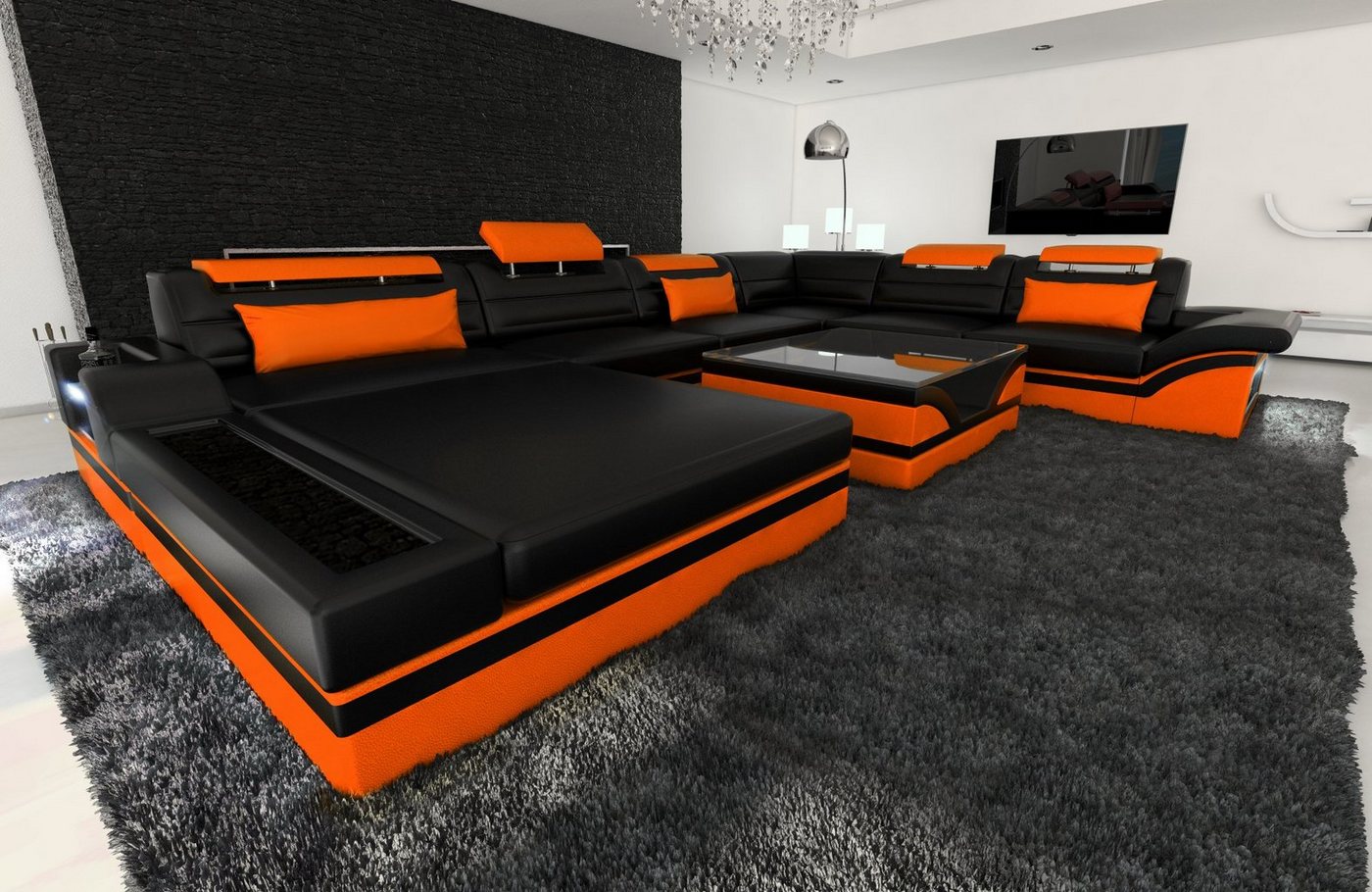 Sofa Dreams Wohnlandschaft Sofa Leder Couch Mezzo XXL U Form Ledersofa, Couch, mit LED, wahlweise mit Bettfunktion als Schlafsofa, Designersofa von Sofa Dreams