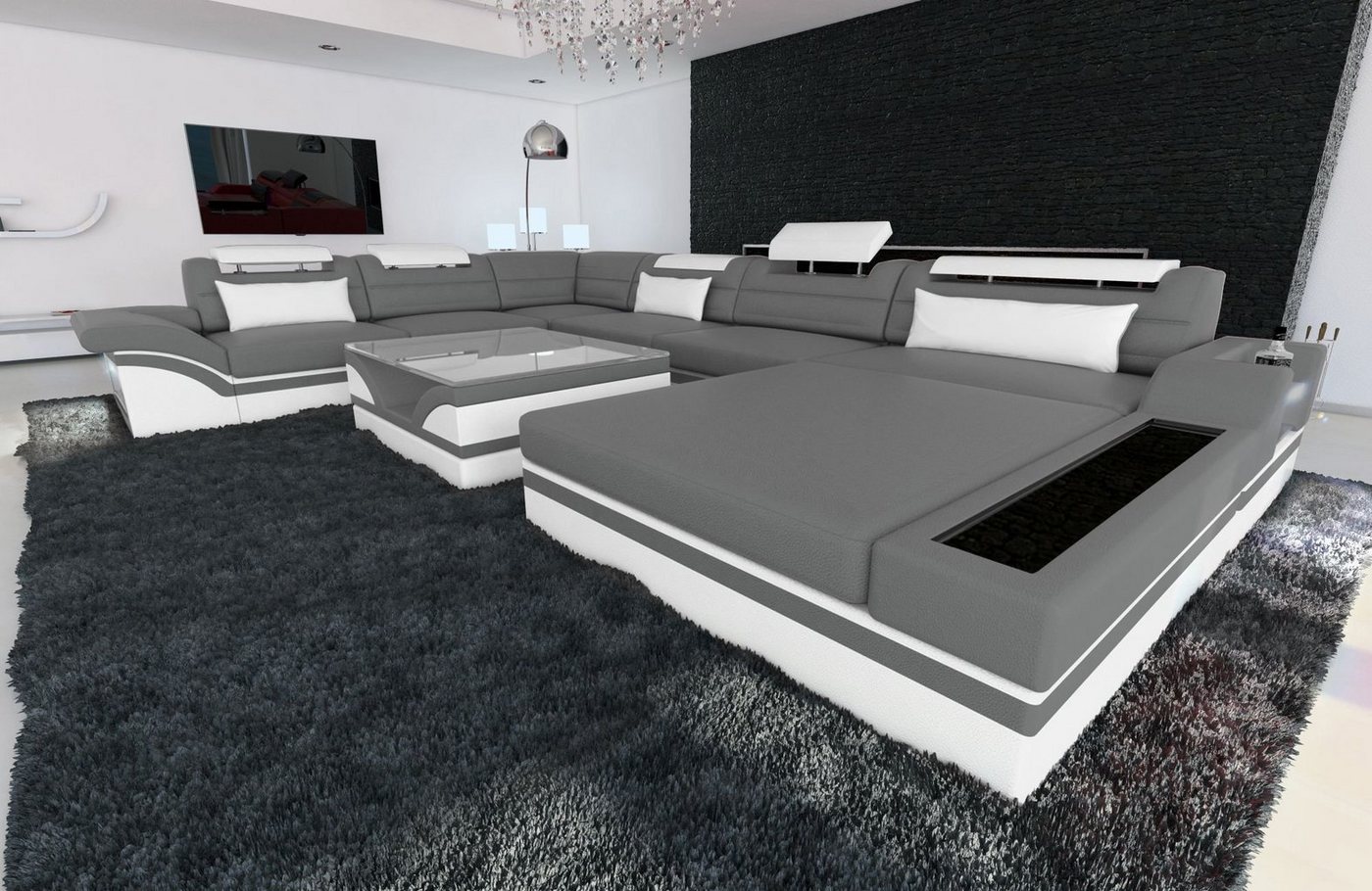 Sofa Dreams Wohnlandschaft Sofa Leder Couch Mezzo XXL U Form Ledersofa, Couch, mit LED, wahlweise mit Bettfunktion als Schlafsofa, Designersofa von Sofa Dreams