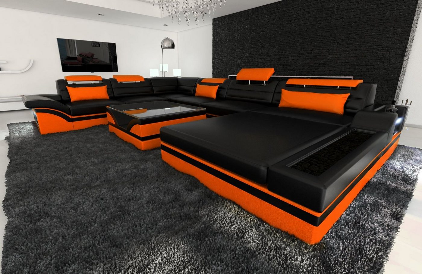 Sofa Dreams Wohnlandschaft Sofa Leder Couch Mezzo XXL U Form Ledersofa, Couch, mit LED, wahlweise mit Bettfunktion als Schlafsofa, Designersofa von Sofa Dreams