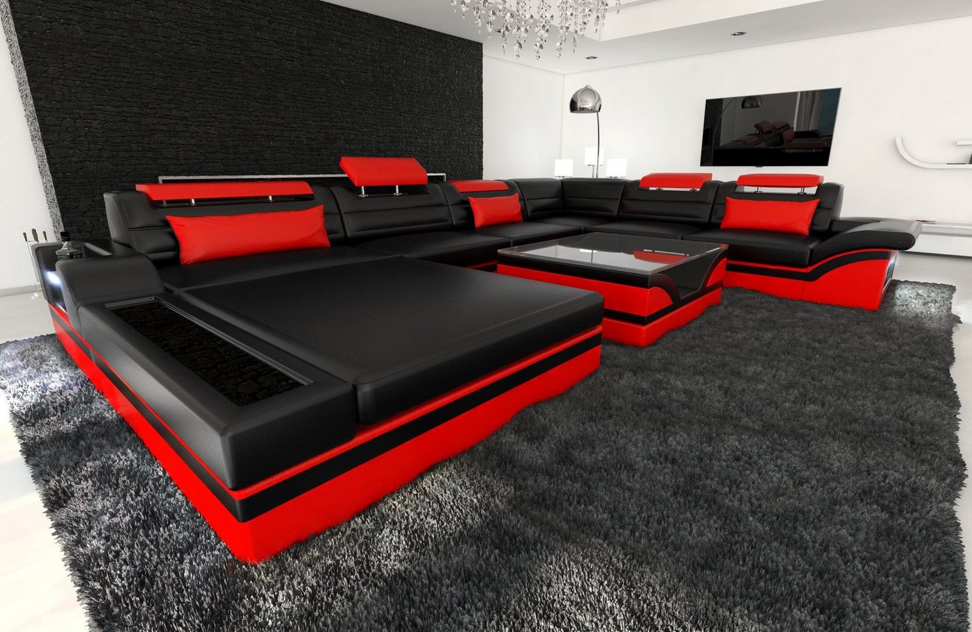 Sofa Dreams Wohnlandschaft Sofa Leder Couch Mezzo XXL U Form Ledersofa, Couch, mit LED, wahlweise mit Bettfunktion als Schlafsofa, Designersofa von Sofa Dreams