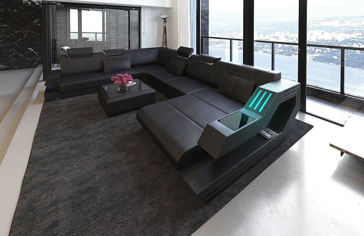 Sofa Dreams Wohnlandschaft Sofa Leder Ledercouch Ravenna XXL U Form Ledersofa, Couch, mit LED, wahlweise mit Bettfunktion als Schlafsofa, Designersofa von Sofa Dreams