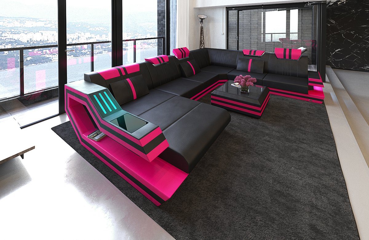 Sofa Dreams Wohnlandschaft Sofa Leder Ledercouch Ravenna XXL U Form Ledersofa, Couch, mit LED, wahlweise mit Bettfunktion als Schlafsofa, Designersofa von Sofa Dreams