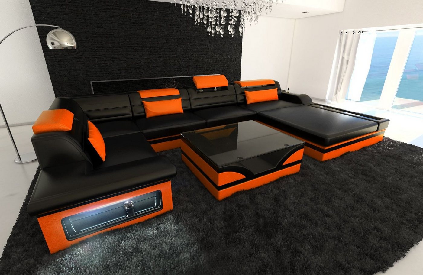 Sofa Dreams Wohnlandschaft Sofa Leder Mezzo U Form Ledersofa, Couch, mit LED, wahlweise mit Bettfunktion als Schlafsofa, Designersofa von Sofa Dreams
