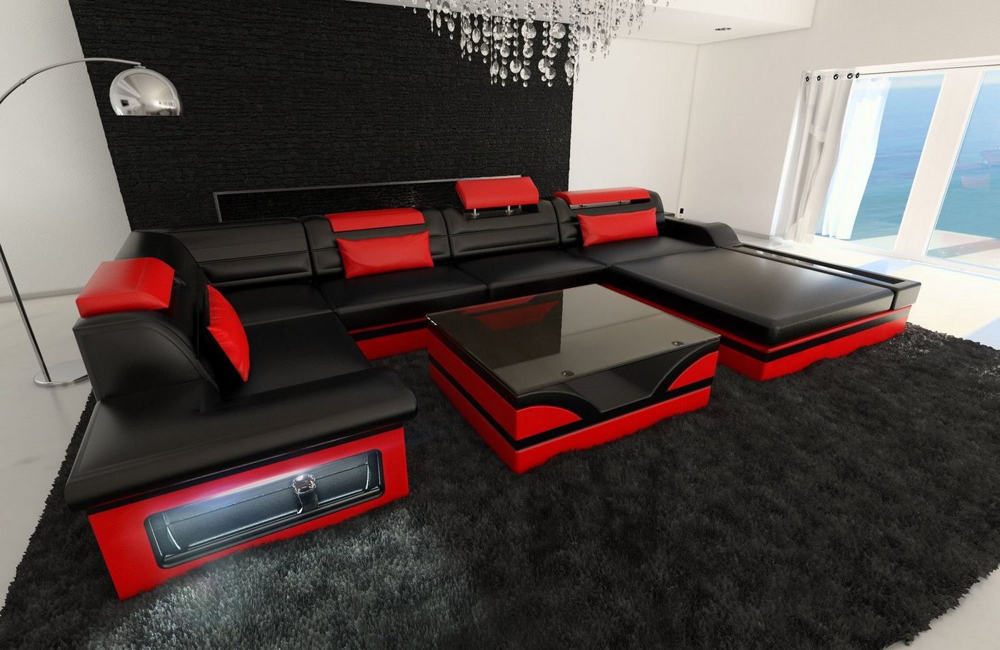 Sofa Dreams Wohnlandschaft Sofa Leder Mezzo U Form Ledersofa, Couch, mit LED, wahlweise mit Bettfunktion als Schlafsofa, Designersofa von Sofa Dreams